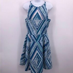 Mossimo Watercolor Diamond Print Scuba Halter Mini Fit & Flare Dress Blue Size S
